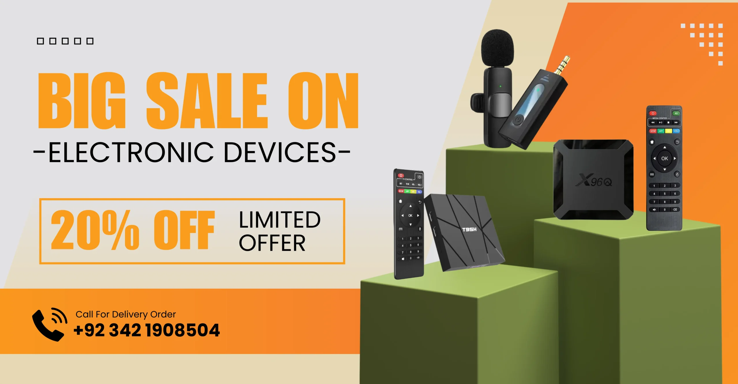 Grey Green and Orange Modern Electronics Sale Banner (6912 x 3600 px)
